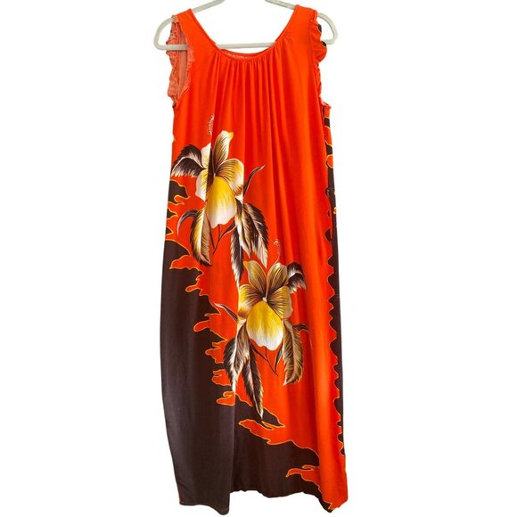 VTG Hawaiin Hibiscus Dress Long Lounge Cover Up Orange Yellow Black Women - Picture 1 of 11